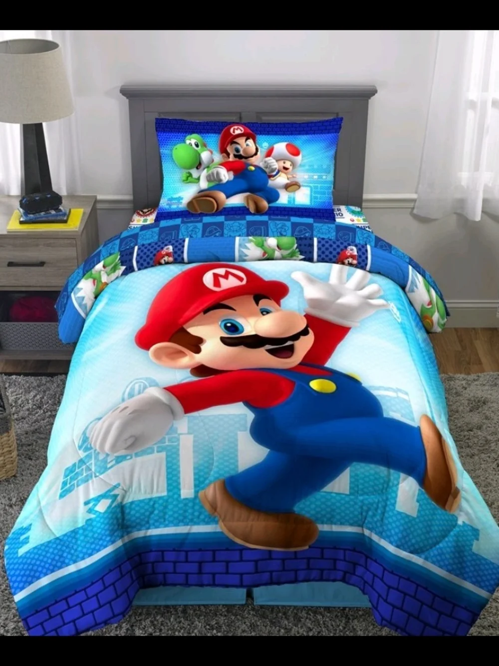 Super Mario Blue Kids Bedding Set - Mario Print Comforter and Pillowcase